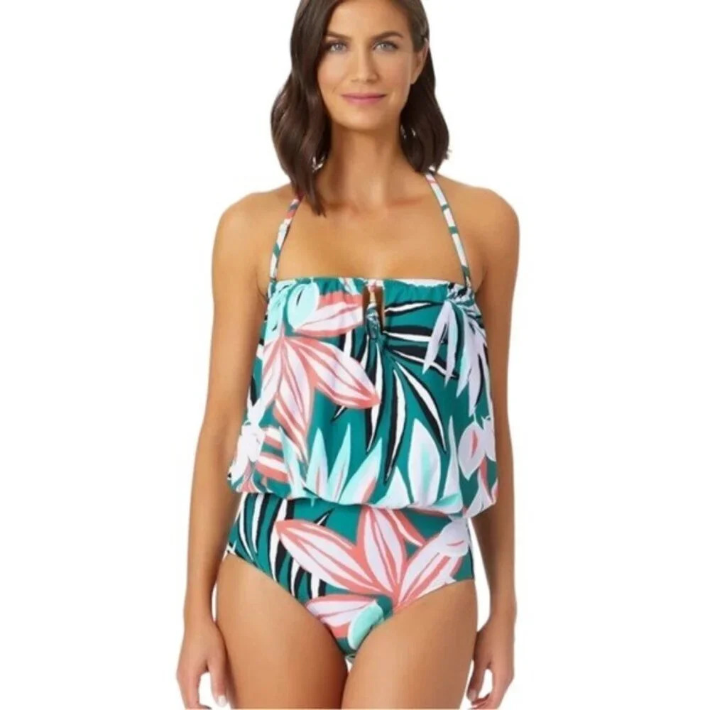 Anne Cole Tropical Print Blouson Strapless One Piece Swimsuit Size 6 NWT